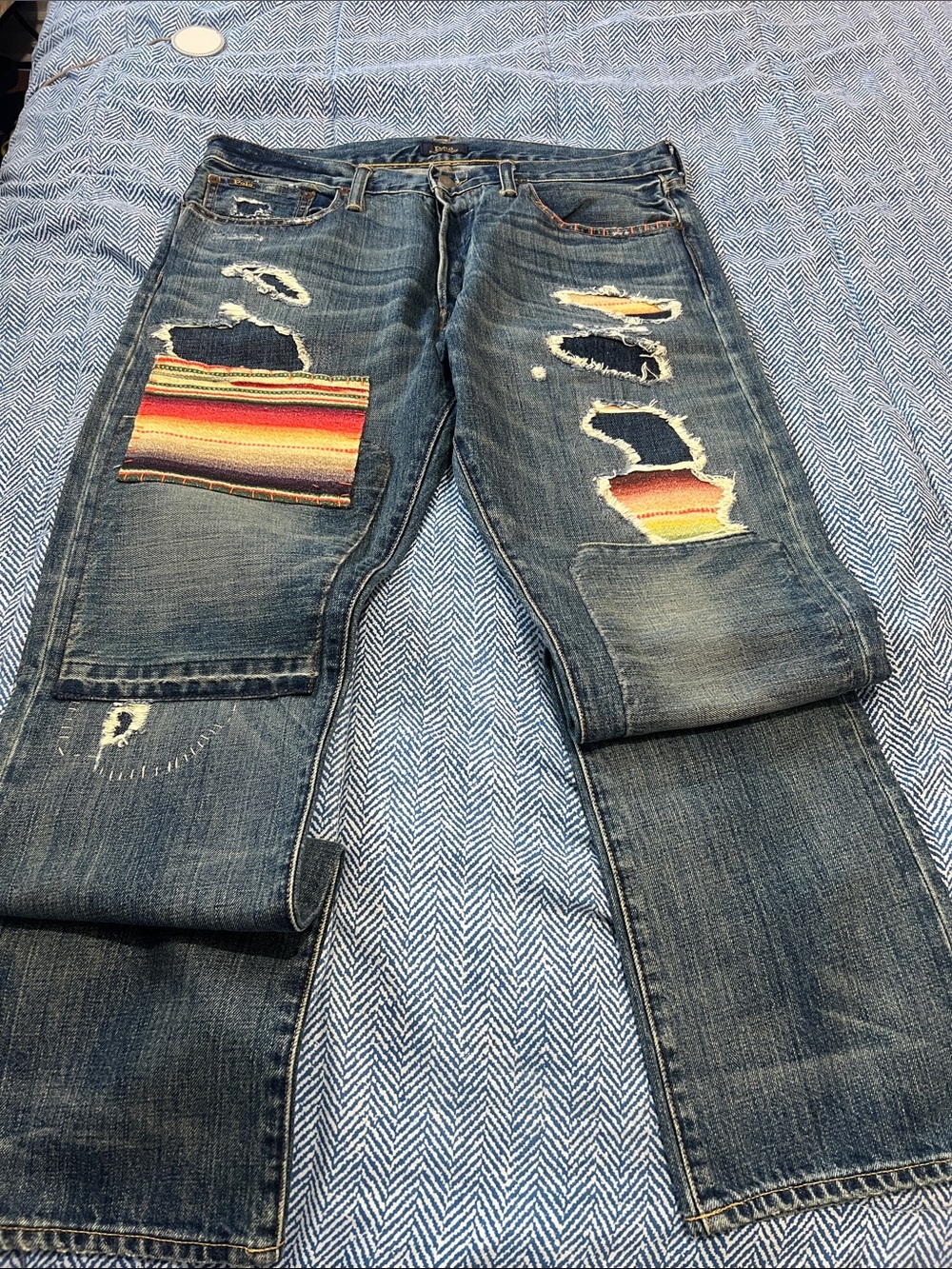 Polo by Ralph Lauren Distressed Blue Jeans with Striped Patchwork